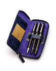 Leather zip around triple pen case, navy croc, inside