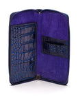 Leather zip around triple pen case, navy croc, open