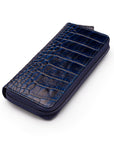 Leather zip around triple pen case, navy croc, side