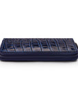 Leather zip around triple pen case, navy croc, zip