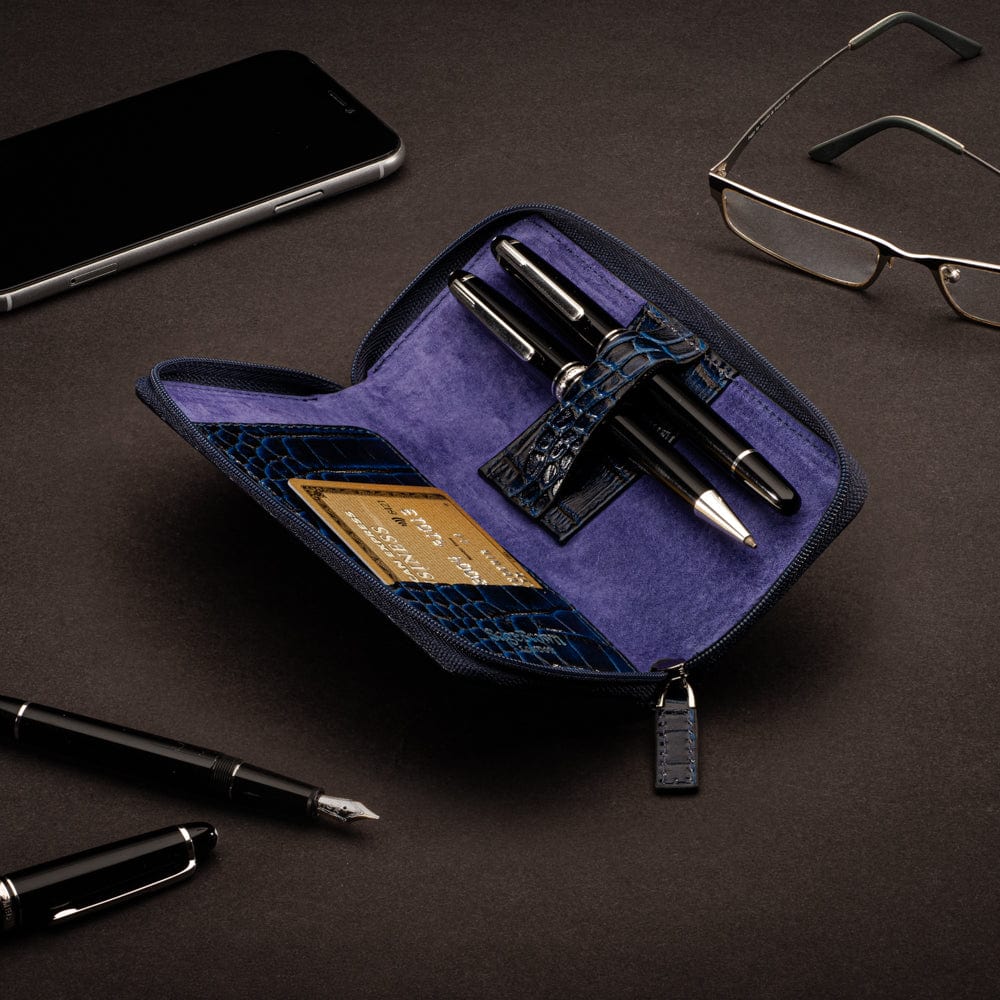 Leather zip around triple pen case, navy croc, lifestyle