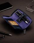 Leather zip around triple pen case, navy croc, lifestyle