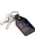 Rectangular leather key fob, navy croc, front view