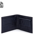 RFID Leather wallet with coin purse, navy croc, open