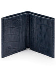 RFID compact leather billfold wallet 4 CC, navy croc, open view