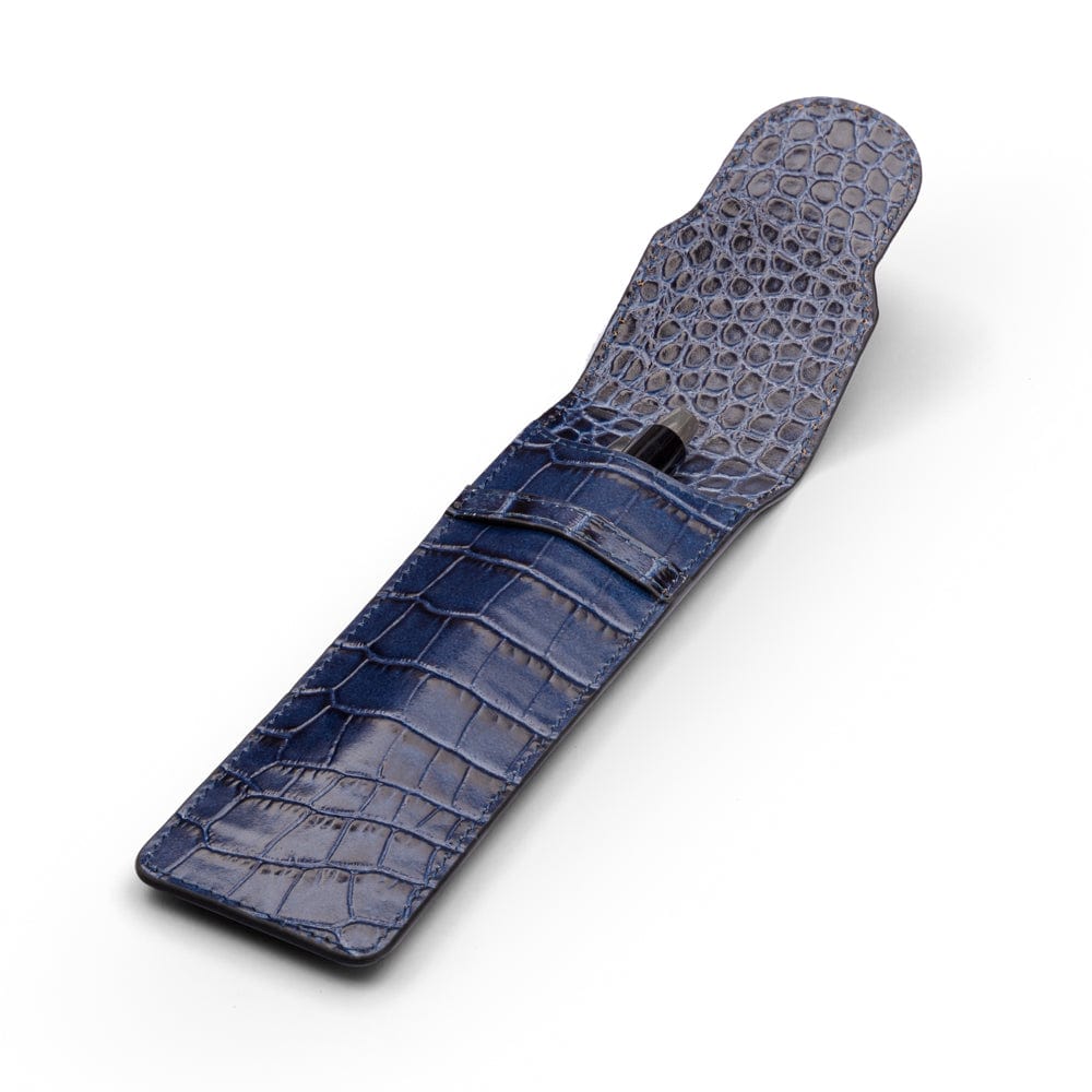 Single leather pen case, navy croc, open