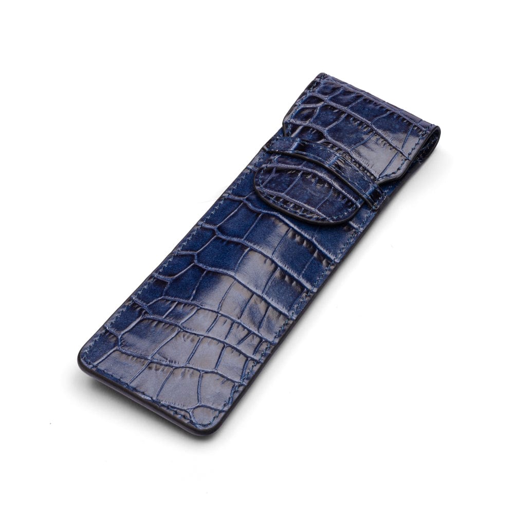 Single leather pen case, navy croc, front