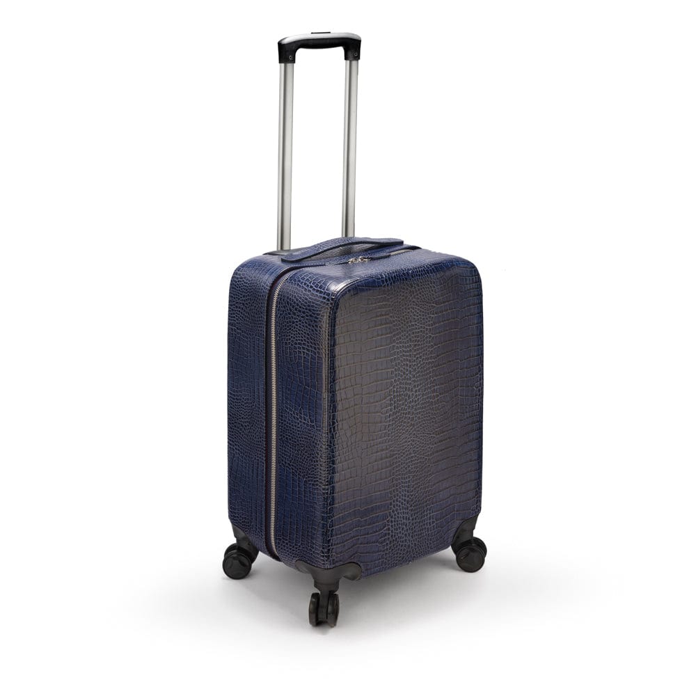Small leather suitcase, navy croc, side
