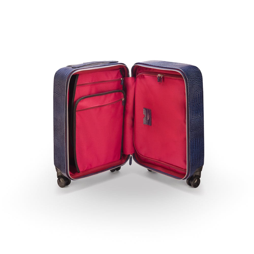 Small leather suitcase, navy croc, inside