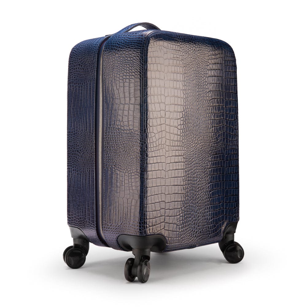 Small leather suitcase, navy croc, side view