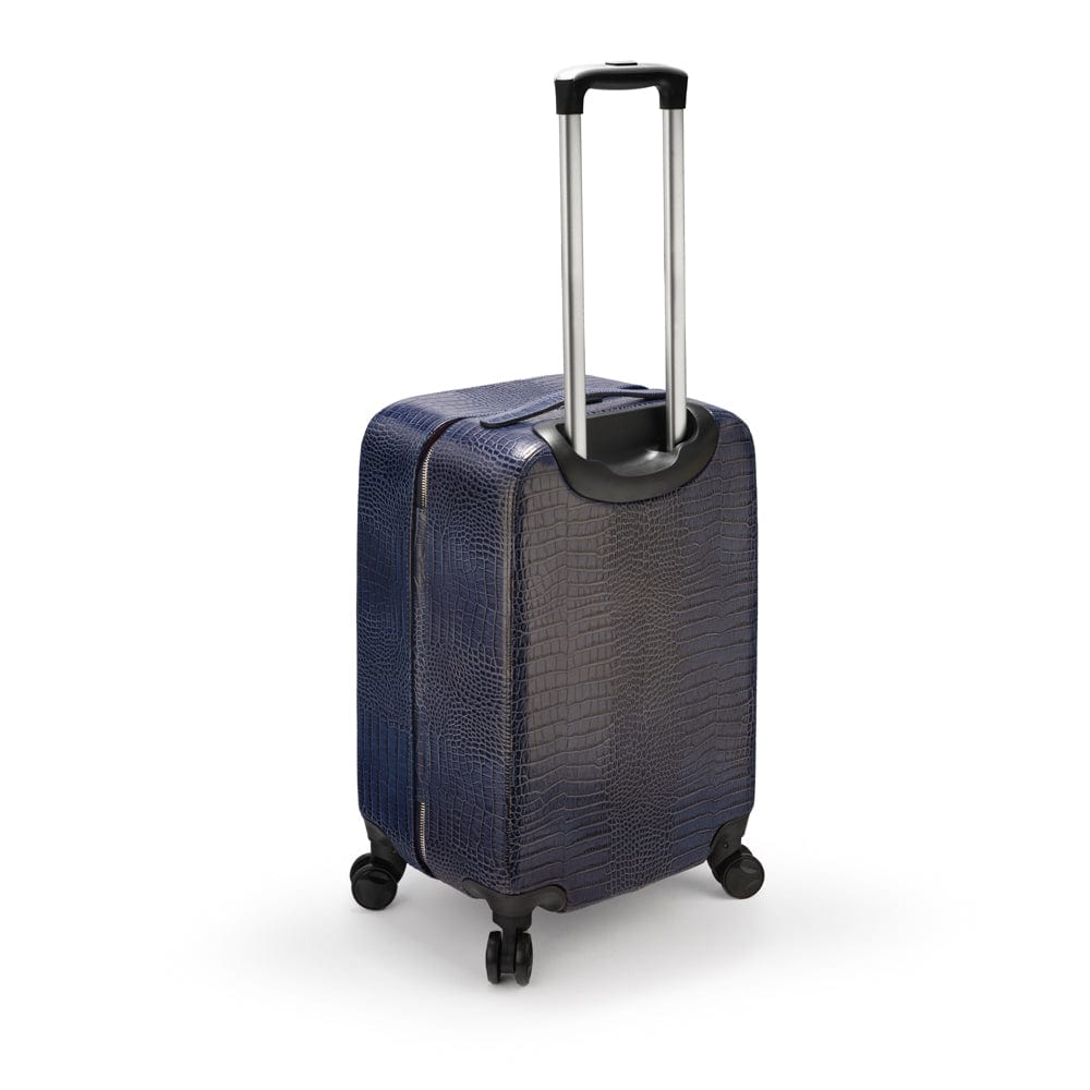 Small leather suitcase, navy croc, with telescopic handle