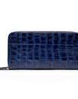 Tall leather zip around accordion purse, midnight navy croc, back