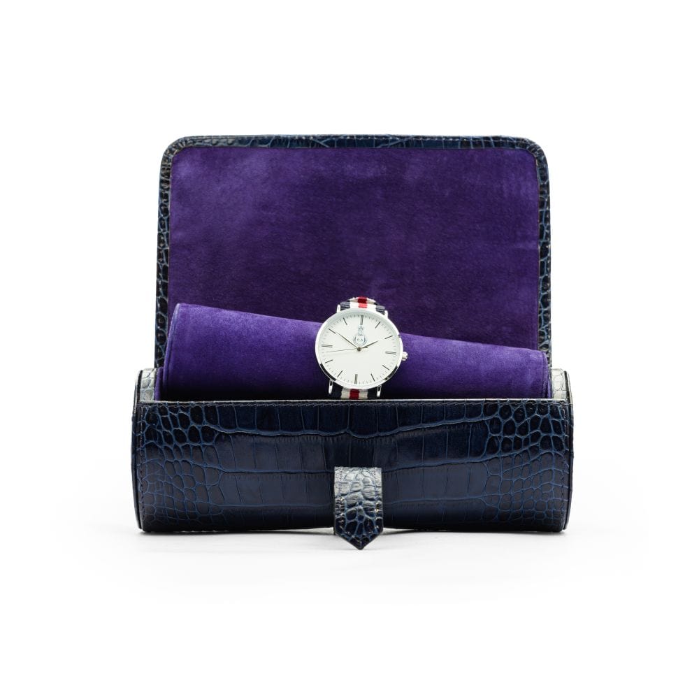 Large leather watch roll, navy croc, open