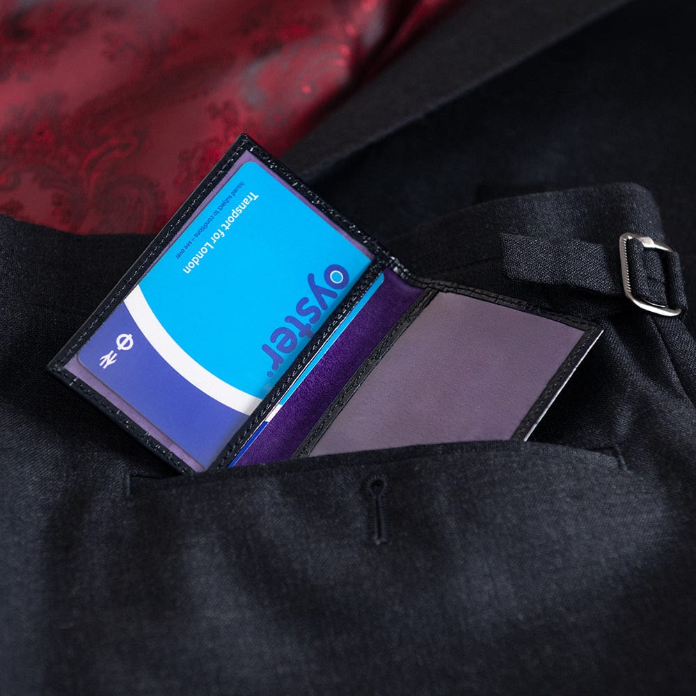 Leather travel card wallet, navy croc, lifestyle