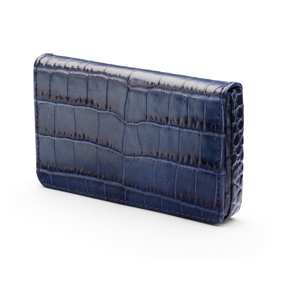 Leather business card holder with magnetic closure, navy croc, side