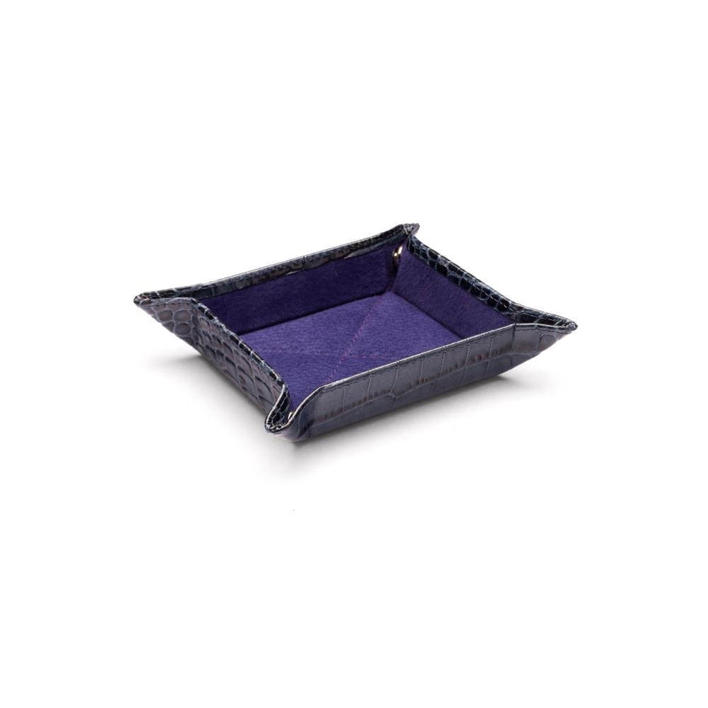 Small leather valet tray navy croc with purple, front