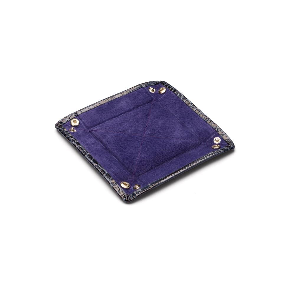 Small leather valet tray navy croc with purple, flat