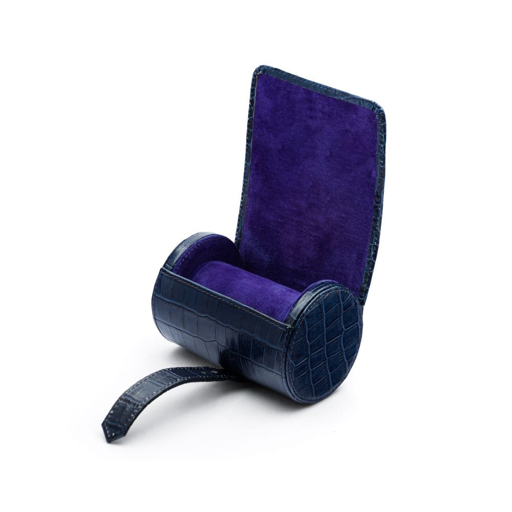 Small leather watch roll, navy croc, open