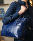 Women's leather 13" laptop workbag, navy croc, lifestyle