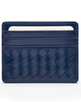 Flat woven leather card holder, navy, front
