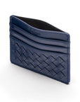Flat woven leather card holder, navy, open