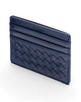 Flat woven leather card holder, navy, back