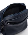 Leather messenger bag with zip, navy, open back view