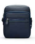 Leather messenger bag with zip, navy, front