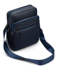Leather messenger bag with zip, navy, side view