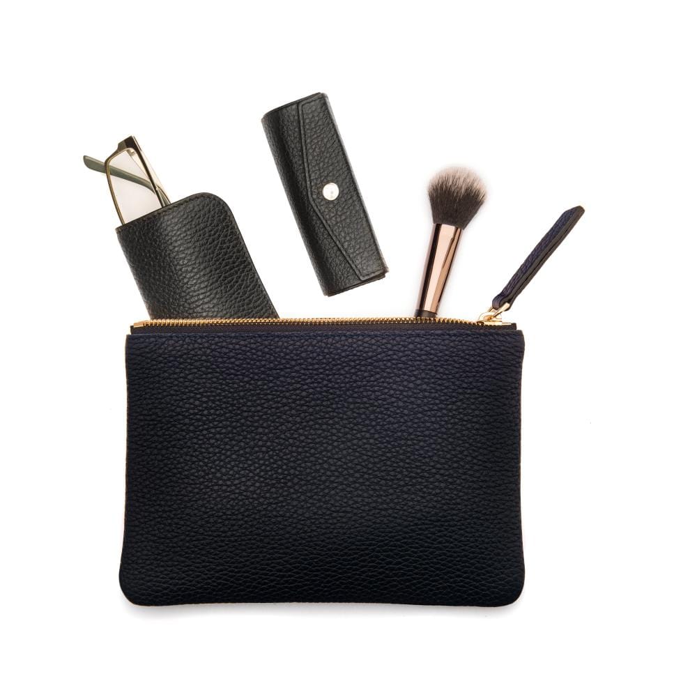 Medium leather makeup bag, navy, uses