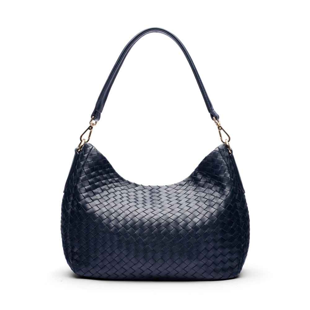 Melissa slouchy leather woven bag with zip closure, navy, back