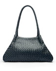 Midi woven leather bag, navy, trapeze shape