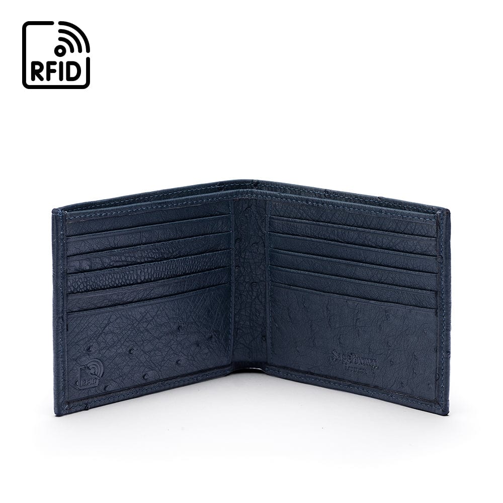 RFID wallet in ostrich leather, navy, open view