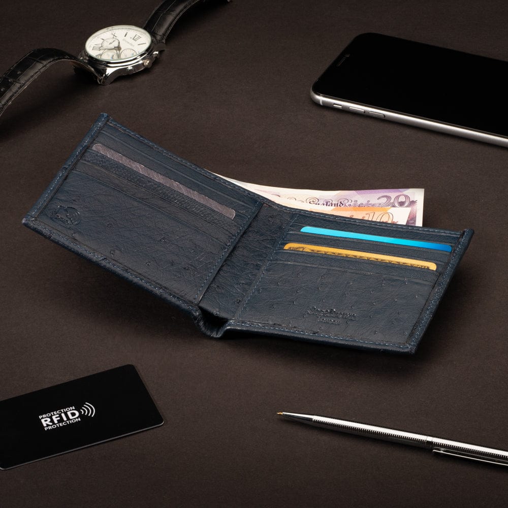 RFID wallet in ostrich leather, navy, lifestyle