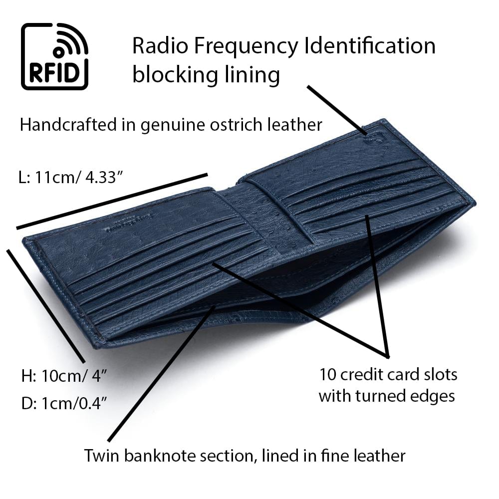 RFID wallet in real ostrich leather, navy, features