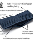 RFID wallet in real ostrich leather, navy, features