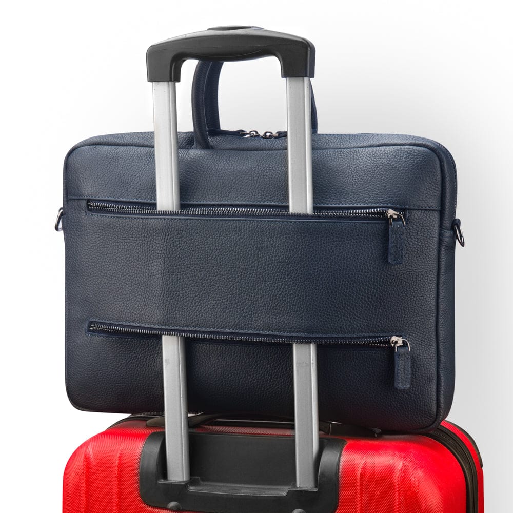 17" slim leather laptop bag, navy, reverse