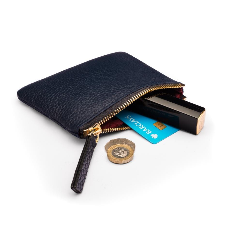Small leather makeup bag, navy, open