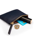 Small leather makeup bag, navy, open