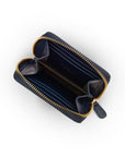 Small zip around woven leather accordion purse, navy, open