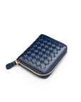 Small zip around woven leather accordion purse, navy, front