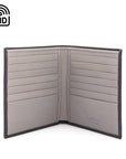 3/4 height leather RFID wallet 14 CC, navy with grey, open