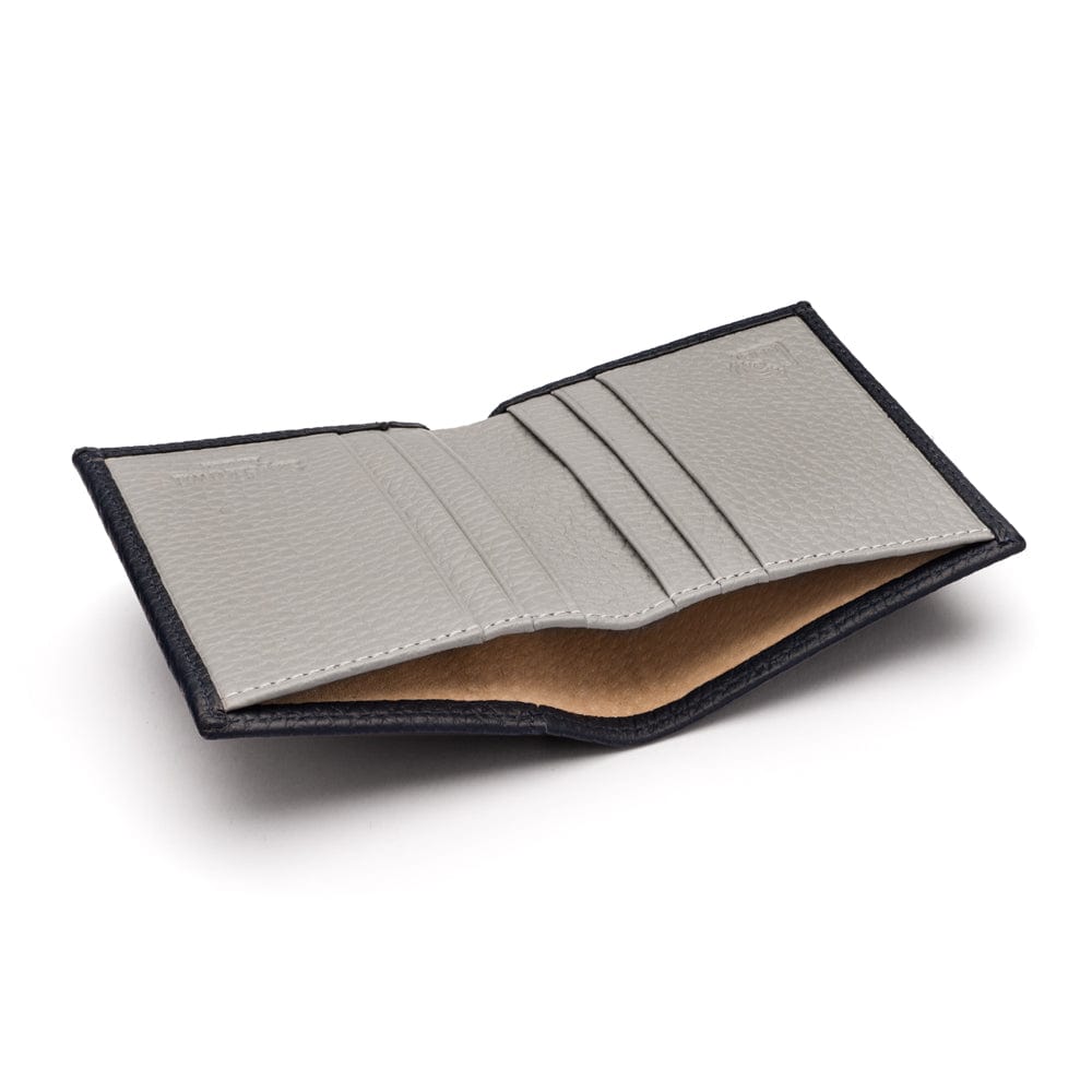 RFID leather wallet with 4 CC, navy with grey, inside