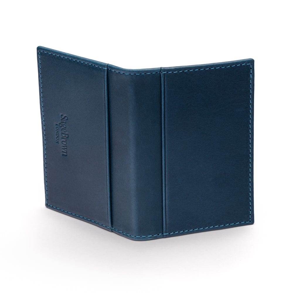 Leather travel card wallet, blue with red, back