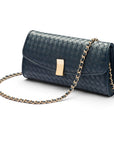 Woven leather clutch bag, navy, with chain strap