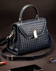 Woven leather Sabrina bag, navy, lifestyle
