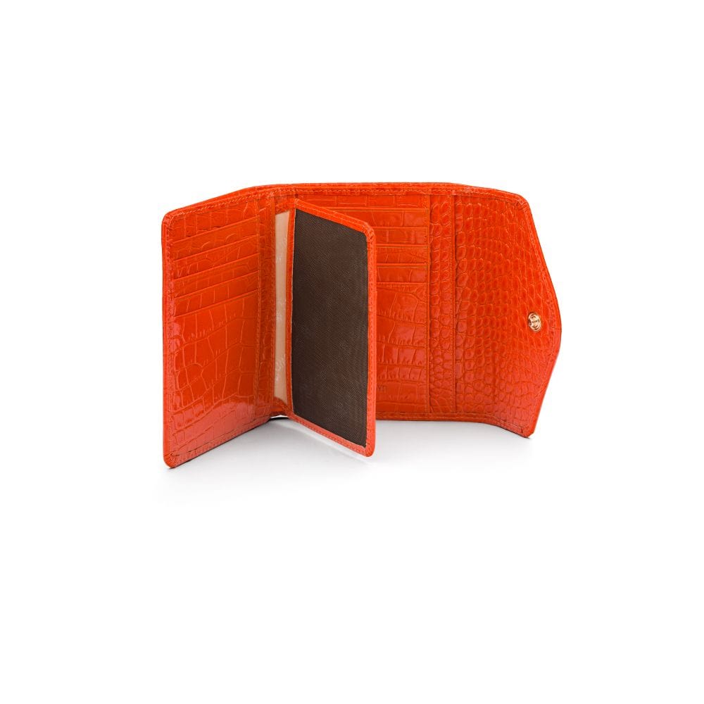 Large leather purse with 15 CC, orange croc, inside