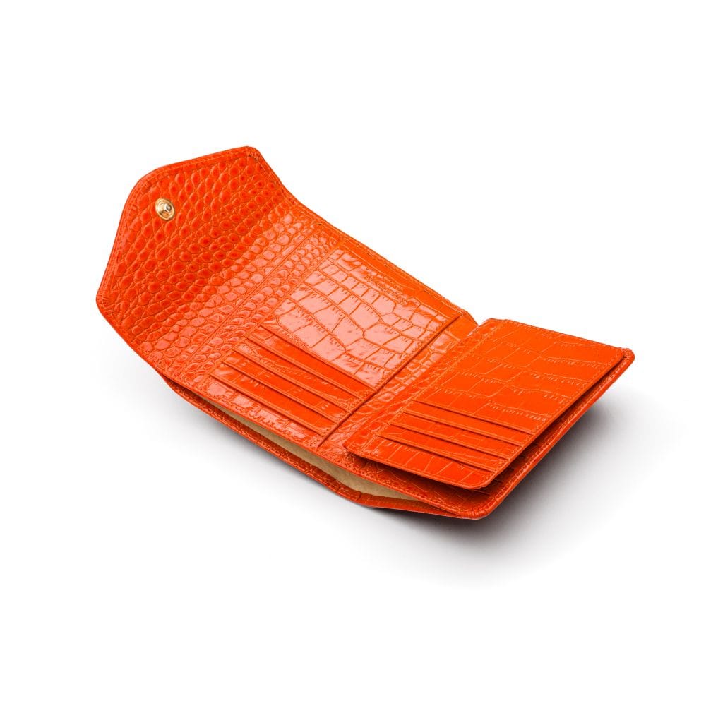 Large leather purse with 15 CC, orange croc, open