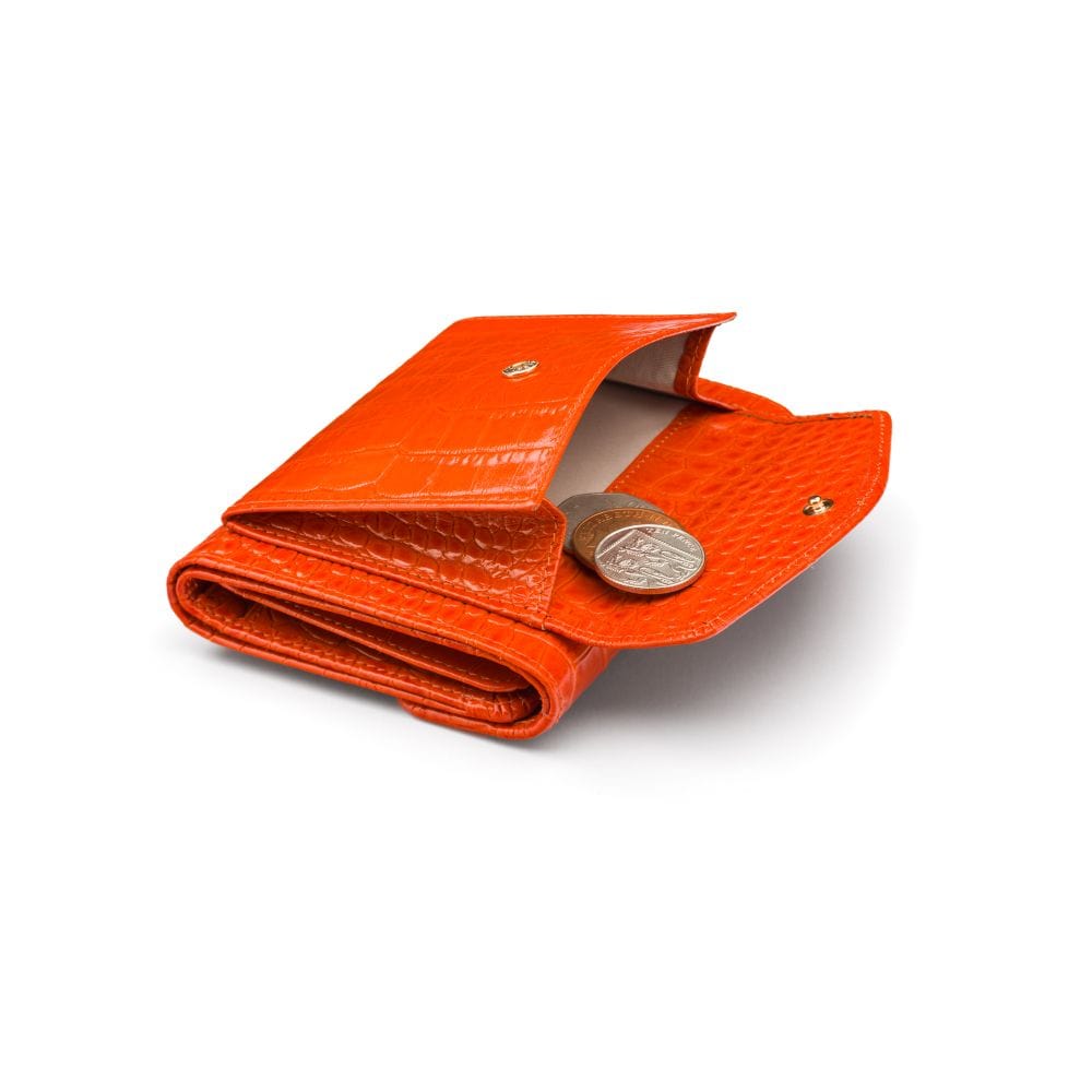Large leather purse with 15 CC, orange croc, coin purse