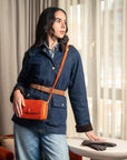 Small leather shoulder bag, orange croc, lifestyle